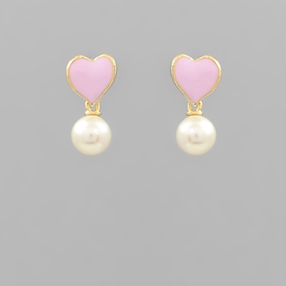 Linked Pearl & Epoxy Heart Earrings - Picture 1 of 2